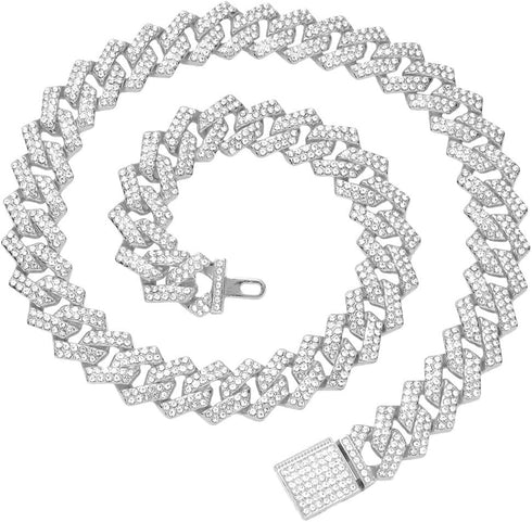 Silver Cuban Link Dog Collars, Bling Dog Necklace Diamond Glitter Rhinestone for Small Medium Large Pets, 14-Inch