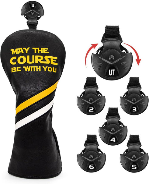 Golf Headcovers, Premium Leather Driver Fairway Wood Hybrid with Number Tags, May The Course Be with You Style