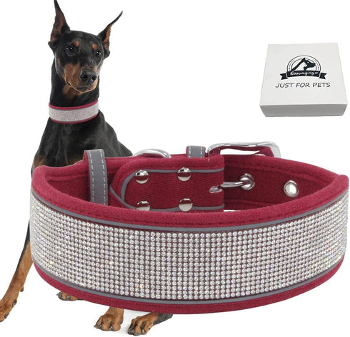 Bling Diamond Dog Collar for Girls, Soft Velvet Leather with Sparkly Crystal Rhinestones, Reflective Stripe, Medium
