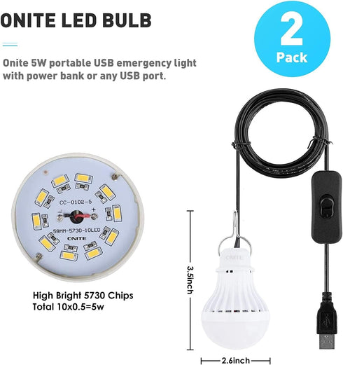 Onite 2-Pack USB LED Light Bulb, 2700K Warm White, Emergency Backup Lighting for Camping, RV, Garage, Power Outage