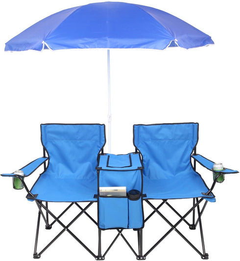 Generic Double Camping Chair with Umbrella, Folding Loveseat Chairs w/Canopy Shade, Carrying Bag,