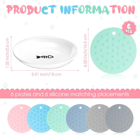 6 Pcs Whisker Fatigue Cat Bowl with Silicone Anti-Slip Mat, Shallow Cat Food Dish for Feeding Kittens, 6 Inch