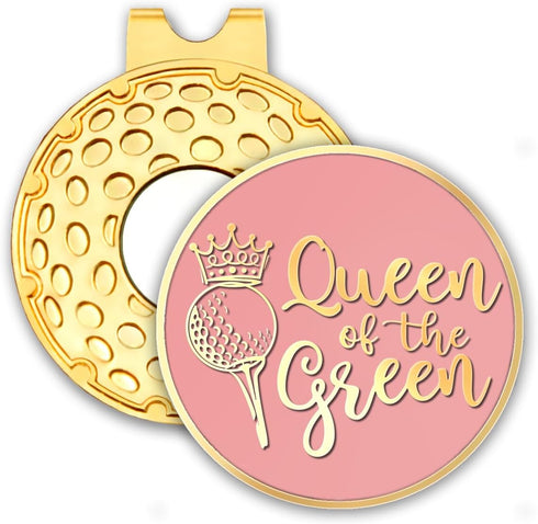 Queen of The Green Pink Gold Golf Ball Marker with Hat Clip, Funny Golf Accessories for Women, Christmas, Mother's Day,