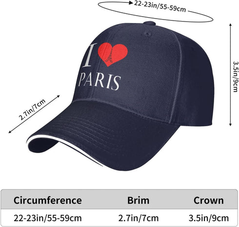 Unisex I Love Paris Baseball Hat, Adjustable Trucker Cap with Eiffel Tower Heart Design