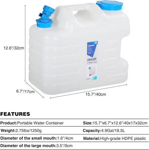 REDCAMP 4.9 Gallon Water Container with Spigot, BPA Free Portable Emergency Water Jug for Camping & Hiking (18.5L,