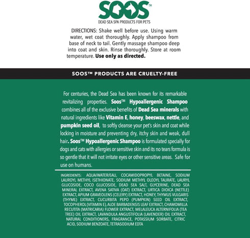 Soos Pet Hypoallergenic Shampoo for Dogs and Cats - Natural Dead Sea Minerals, Fast Absorbing with Vitamins, 1x (4L