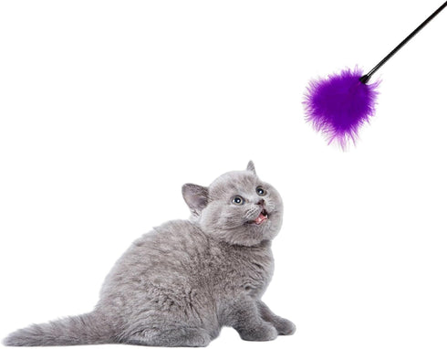 Dzrige Interactive Cat Toys Teaser Wand Black Long Sticks with Purple Soft Plush Tips Funny Pet Feather Supplies