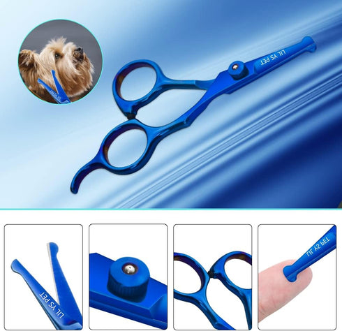 Safety Round-tip Scissors Set, Professional PET Dog Grooming Coated Titanium Scissors Suit for Cutting, Curved &
