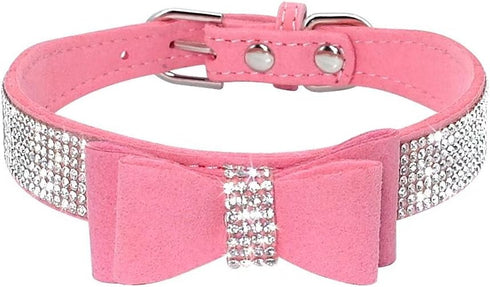 Beirui Rhinestone Bling Leather Dog & Cat Collar, Sparkly Crystal Diamonds Studded, Pink, XXS Neck 6-8"