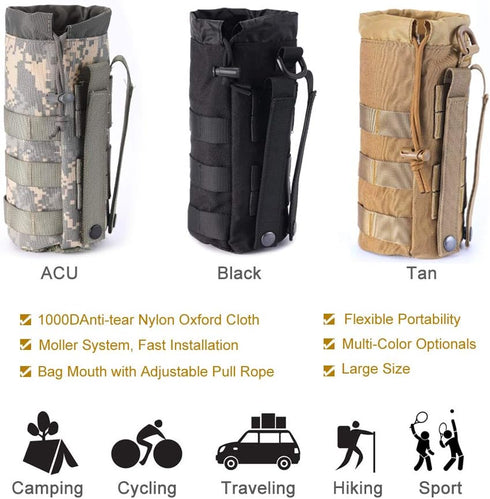 Upgraded Tactical Water Bottle Pouch Bag, Molle Drawstring Holder, Travel Mesh Hydration Carrier