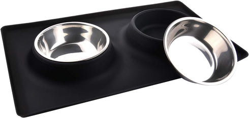 Dog Bowls with Mat, Cat Water Food Bowl Set (13.5oz Each) - No Spill Silicone Mat, Dual Pet Feeder for Small Medium Dogs
