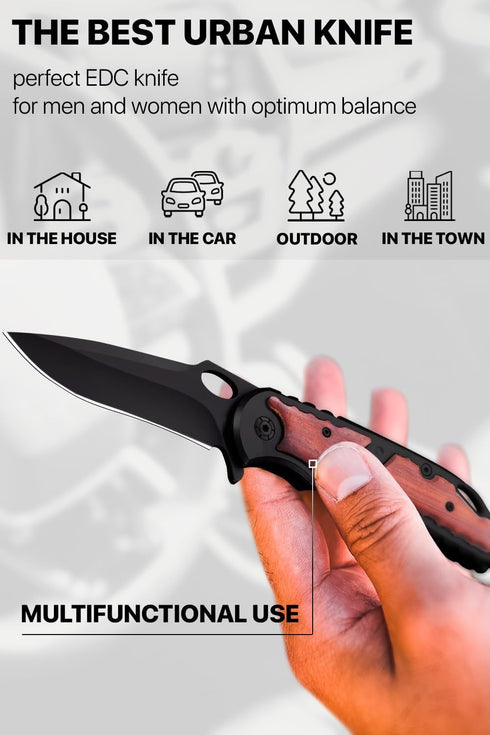 Pocket Knife - Tactical Spring Assisted Folding Knife, EDC Camping Gear for Men, Wood Handle, Sharp Blade - Father's
