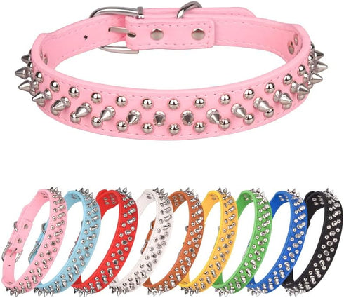 Adjustable Spiked Studded Dog Collar, Soft Leather Puppy Collar for Small Medium Dogs, Light Blue-2