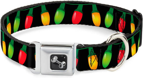 Buckle-Down Dog Collar, Wide Large, 18-32" Christmas Lights Black/Multi Color Bone