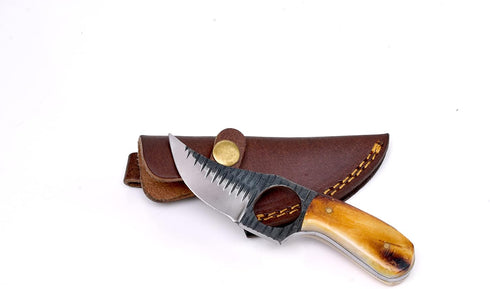 Titan International Skinning Knife - Small Fixed Blade Hunting Knife with Burnt Bone Handle & Leather Sheath