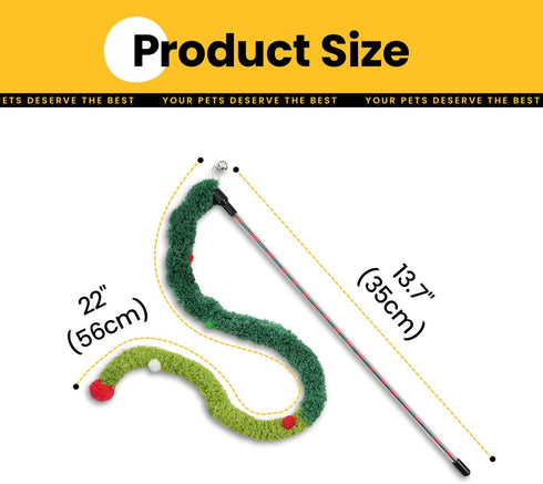 Conlun Cat Wand Toy - Interactive Teaser Wand with Plush Worm & Bell, Flexible Catcher Stick for Indoor Cats & Kitten