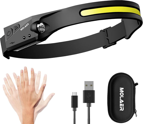 Rechargeable LED Headlamp, Lightweight 230° Illumination Headlight with Motion Sensor, Weatherproof for Camping, Hiking