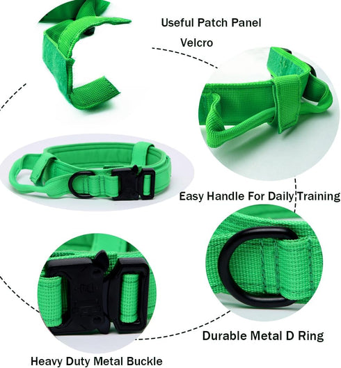Tactical Dog Collar, Adjustable Military Dog Collar with Heavy Duty Metal Buckle and Handle for Training (Bright Green,