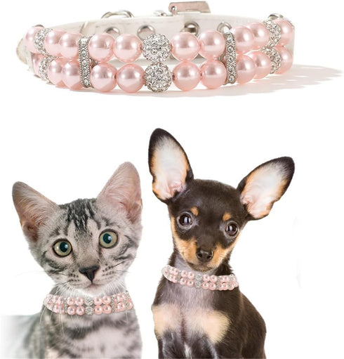 Pink Pearl Dog Collar with Crystal Diamond Rhinestone for Small Medium Dogs, Wedding & Birthday Gift, M