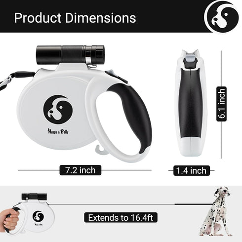 Happy & Polly Retractable Dog Leash - 16.4ft with Flashlight, Bungee Heavy Duty Tangle Free for Medium Large Dogs