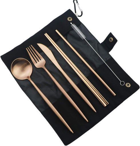 Gugrida Luxury Rose Gold Matte Portable 18/10 Stainless Steel Travel Flatware Sets of
