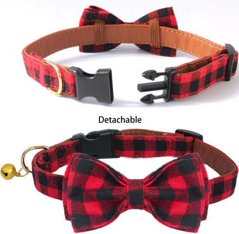 KUDES Adjustable Plaid Dog Collar with Bow, 2 Pack Set, Best Pet Gift for Small, Medium, and Large Dogs, Red & Black