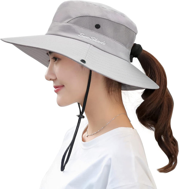 Women's Ponytail Sun Hat Muryobao UV Protection Foldable Mesh Wide Brim Beach Fishing Hat