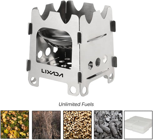 Lixada Lightweight Camping Wood Stove, Folding Stainless Steel Wood Burning Stove for Outdoor Camping, Hiking, BBQ