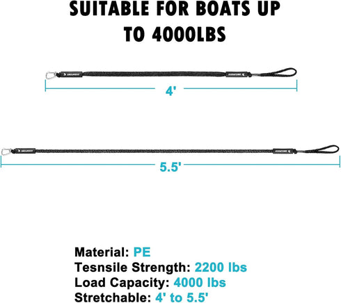 Obcursco 4FT Bungee Dock Lines, Boat Dock Rope, Jet Ski Accessories with 316 Stainless Steel Clip (2 Pack, Black)