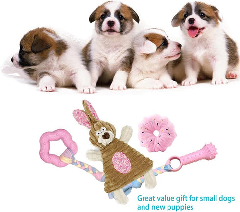 Puppy Toys for Teething Puppies, Plush Squeaky Bunny Dog Toys for Small Dogs, Pink, 4pcs