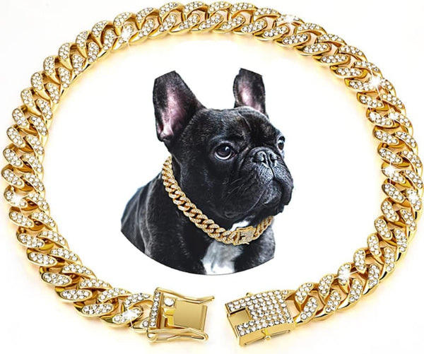Gold Chain Dog Collar with Diamond, 13mm Wide Metal Puppy Cuban Necklace for Small Medium Large Pets 16 Inch