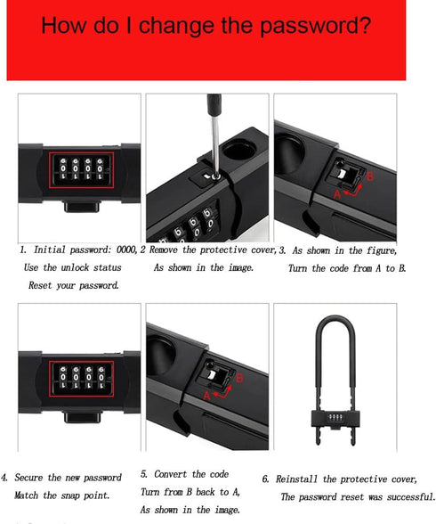 U Lock Bicycle Combination U-Lock, Long Shackle Padlock with Adjustable Shackle, Four Position Combination Padlock