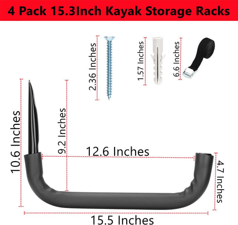 Garage Storage Kayak Hooks - 39 CM Wall Mount Surfboard Rack, 4 Pack Heavy Duty Canoe Hanger, Max Load 45 KG