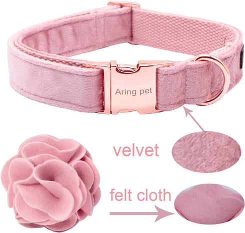 ARING PET Velvet Dog Collar, Unique Pink with Detachable Felt Flower, Adjustable Soft Velvet for Small Medium Large Dogs
