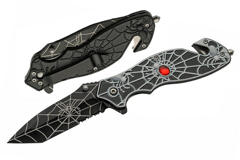 SZCO Supplies 8” Black Spider Web Assisted Open EDC Rescue Folding Knife