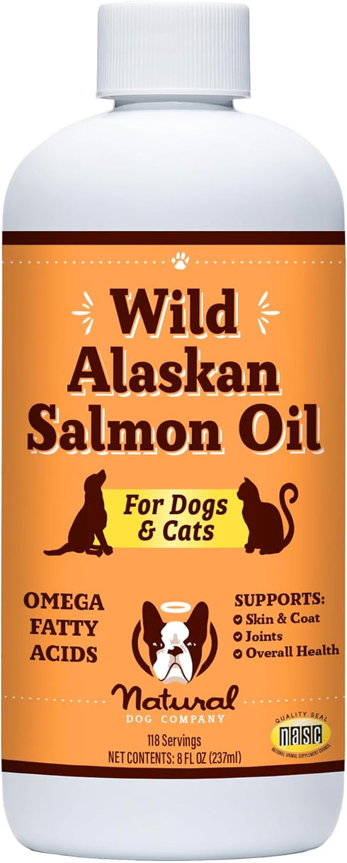 Natural Dog Company Pure Wild Alaskan Salmon Oil - 8oz Skin & Coat Supplement for Dogs, Omega 3 Fish Oil
