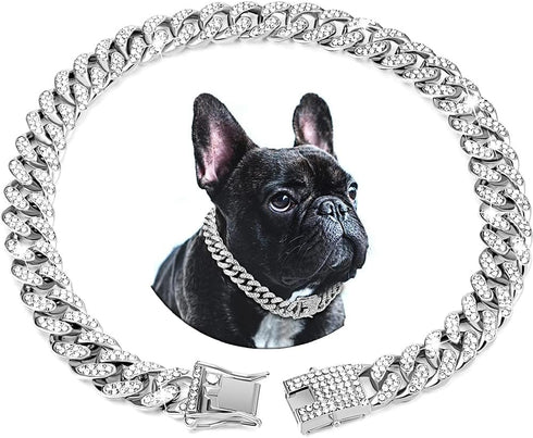 Chain Dog Collar with Diamond, 13mm Wide Metal Puppy Cuban Necklace, Cute Fashion Jewelry for Small Medium Large Pets
