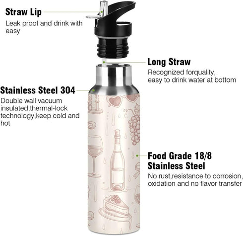 Wassud 22 oz Water Bottle Rose Wine Bottles Stainless Steel Sport Water Bottle with Straw Insulated Water Bottles