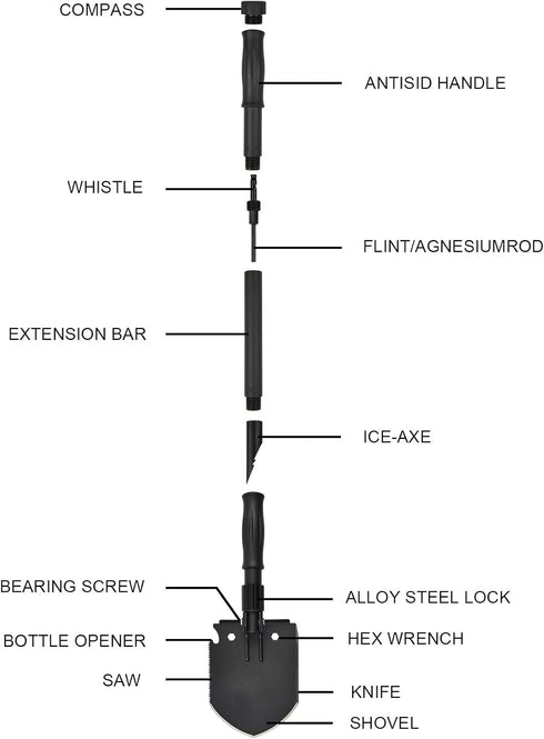 Survival Folding Shovel (28.3'') Camping Multitool with Pickaxe, Compass, Whistle, Molle Bag for Emergency