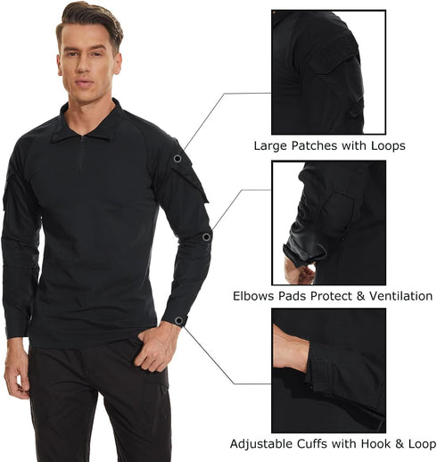 TACVASEN Men's Long Sleeve 1/4 Zip Tactical Military Shirt Windproof Hiking Pullover with Pockets