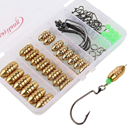 Sougayilang Fishing Sinkers Set with Brass Weights, Jig Hooks, Swivel Ring Connector in Plastic Box for Fishing