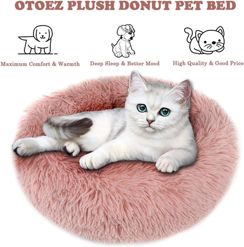 otoez Kitten Puppy Bed 15.7" Pink, Extra Small Round Dog Cat Beds, Anti-Anxiety Plush Calming Donut Bed