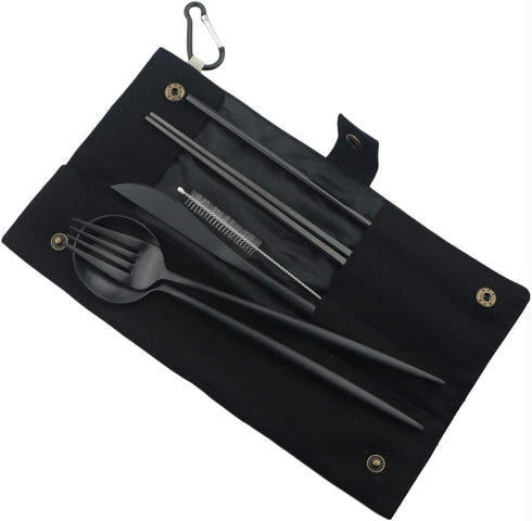 Gugrida Luxury Black Matte Portable 18/10 Stainless Steel Travel Flatware Sets of 7 Portable Camping Cutlery Set, Healthy & Eco-Friendly Flatware Set with Carrying Case for Travel or Camping by Gugrida