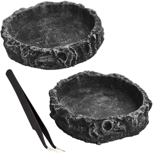 2PCS Reptile Water Dish Food Bowl Set, Feeding Tweezers Tong for Leopard Gecko, Lizard, Frog, Snake, Tortoise