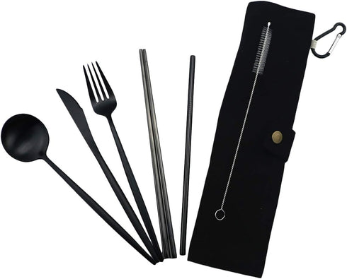 Gugrida Luxury Black Matte Portable Stainless Steel Travel Flatware Set of 7, Eco-Friendly with Carrying Case