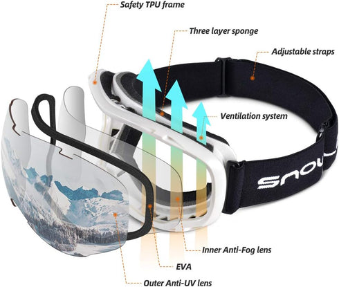 Ski Goggles Over Glasses - Snowboard Snowmobile Goggles for Men Women Adult, Anti Fog 100% UV Protection