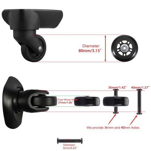 OwnMy 80mm x 23mm Luggage Wheels Replacement Set of 2, Mute Suitcase Replacement Wheels with Black Screws