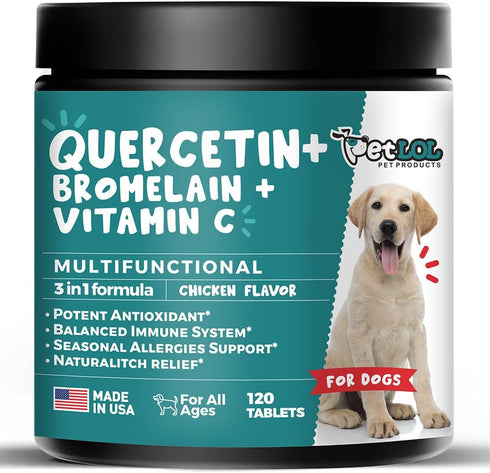 Quercetin for Dogs with Bromelain and Vitamin C, 120 Chewable Tablets for Allergies and Immune Support
