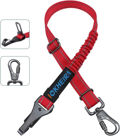 IOKHEIRA 3-in-1 Dog Seat Belt, Adjustable Safety Car Harness, Durable Nylon Reflective Bungee Tether with Clip Hook