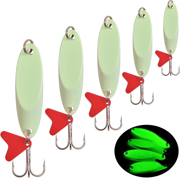 Elyrav Fishing Spoon Lures Glow Spoons Jigging Bait with Sharp Treble Hooks Luminous